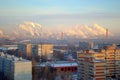 Winter panorama of residential areas of the city of Togliatti and smoking chimneys of chemical plants.