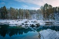 Winter panorama, small turquoise lake in the mountains among snow-covered forest. Trees are reflected in the lake water. Majestic Royalty Free Stock Photo