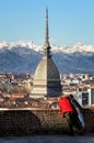 Winter panorama of turin with tourists