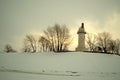 Winter panorama with a view of the old abandoned weather station on the Volga River near the Zhiguli hydroelectric station.