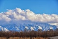 Winter Panoramic view of Snow capped Wasatch Front Rocky Mountains, Great Salt Lake Valley and Cloudscape. Utah Royalty Free Stock Photo