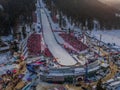 Winter Panoramic Wielka Krokiew Ski Jump Zakopane, sunny, drone aerial