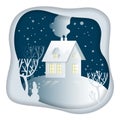 Winter paper art landscape. Night snowy little house with cozy g Royalty Free Stock Photo