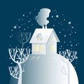 Winter paper art landscape. Night snowy little house with cozy g Royalty Free Stock Photo