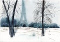 A winter Paris park in a gloomy misty park made in watercolor