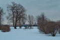 Winter park with bare trees and bushes. Background of embankment of Saint Petersburg with buildings and St. Isaac`s Cathedral