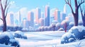 A winter park or country landscape with modern city buildings on the skyline. A wintry landscape with trees, bushes