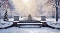 A Serene Winter Park with a Frozen Fountain