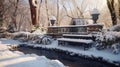 A Serene Winter Park with a Frozen Fountain