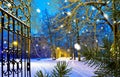 Winter park with gateway in the snowfall Royalty Free Stock Photo