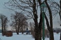 Winter park with green lantern, bare trees and bushes. Background of embankment of Saint Petersburg with buildings and St. Isaac C