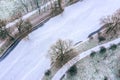 Winter landscape with frozen river and trees covered white snow. aerial photo Royalty Free Stock Photo