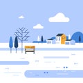 Winter park scene, small bench at river bank, beautiful view, group of residential houses Royalty Free Stock Photo