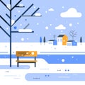 Winter park scene, small bench at river bank, snowing weather, beautiful view, group of residential houses in background Royalty Free Stock Photo