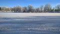 Winter park. Winter landscape on the river.