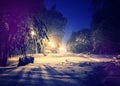 Winter park in snow. fantastic wintry landscape. frosty evening in city park. Royalty Free Stock Photo