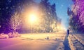 Winter park in snow. fantastic wintry landscape. frosty evening in city park. Royalty Free Stock Photo