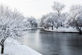 Winter park, trees and a bench covered with snow, the river partly covered with ice Royalty Free Stock Photo