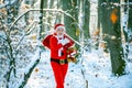 Winter park trees covered with snow. Santa Claus with bag walking in winter. Santa Claus pulling huge bag of gifts on Royalty Free Stock Photo