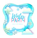 Winter party typography poster with snowflakes and clouds. Cut out paper art style design Royalty Free Stock Photo