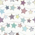 Winter pastel stars holiday garlands in pink, teal, purple. Seamless vector pattern on dotted textured background. Great Royalty Free Stock Photo