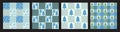 Winter Patchwork Seamless Pattern Set with winter Trees and geometric textures in blue, green, and cream tones. Royalty Free Stock Photo