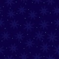 Light snowflakes mandala and snow on dark purple background. Seamless winter monochrome pattern.