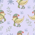 Winter pattern birds snowflake and plants.