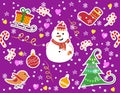 Winter pattern with snowflakes and snowmen. bullfinch, Christmas tree,