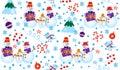 Winter pattern with snowmen, tree and gifts. Family Snowman