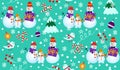 Winter pattern with snowmen, tree and gifts. Family Snowman on green background.