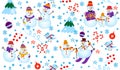 Winter pattern with snowmen, tree and gifts. Snowman on ski