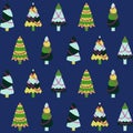 Winter pattern with spruces. Seamless. Christmas trees on a dark blue background. Hand-drawn illustration.