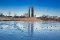 Winter paysage landscape of frozen village on iced lake Royalty Free Stock Photo