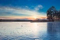 Winter paysage landscape of sunset iced frozen lake river Royalty Free Stock Photo