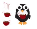 Cute Penguin holding Red mug with hot chocolate, marshmallows and Red White stripe candy cane, near Red mugs and Striped candy can