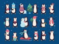 Winter penguins. Cute wild baby characters north pole animals penguins in sweater and scarf vector set