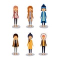 Winter people background with women with coats and winter clothes in colorful silhouette on white backdrop Royalty Free Stock Photo