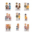 Winter people colorful background with set of family couples and friends in winter clothes over white backdrop