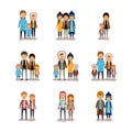 Winter people colorful background with set of family couples and friends in winter clothes over white backdrop