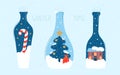 Set of bottles with beautiful winter illustrations - lollipop, christmas tree and colored house.