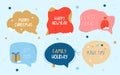 Set of different New Year and Christmas stickers with congratulations and inscriptions. Bright holiday speech bubbles. Royalty Free Stock Photo