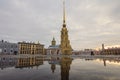 Winter Peter and Paul cathedral with reflection in puddle Royalty Free Stock Photo