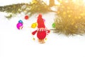 Winter photo with Christmas decorations for pine tree. Knitted snowman toy girl standing on the ski in the forest. Happy holidays Royalty Free Stock Photo