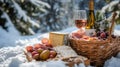 Winter Picnic Basket Cheese Wine And Salami Royalty Free Stock Photo