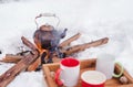 Winter picnic, kettle over an open fire