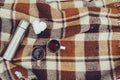 Winter picnic on the snow. Hot tea, thermos and snowball heart on cozy warm blanket. Royalty Free Stock Photo