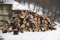 Winter. A pile of firewood is stacked near the boiler room Royalty Free Stock Photo