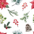 Winter pine branches, greenery and berries seamless pattern. Christmas holiday print Royalty Free Stock Photo