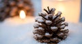 Winter Pine Cone with Snow and Candlelight Royalty Free Stock Photo